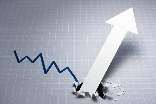Dynamic growth chart. Upward arrow breaking through the graph.
